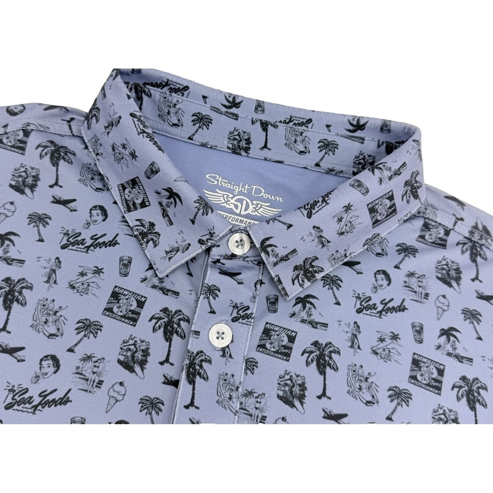 Straight Down Polo Shirt Men XL Blue‎ Hawaiian AOP Retro Tiki Golf